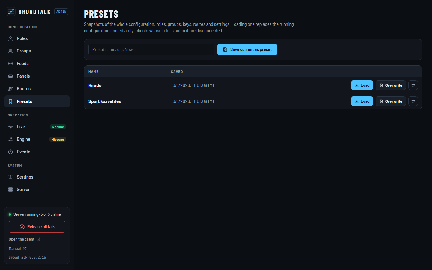 A Presets oldal két mentett presettel